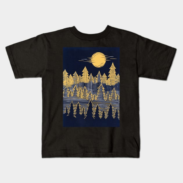 Misty, Moonlit Trees Linocut in Blue and Yellow Kids T-Shirt by Maddybennettart